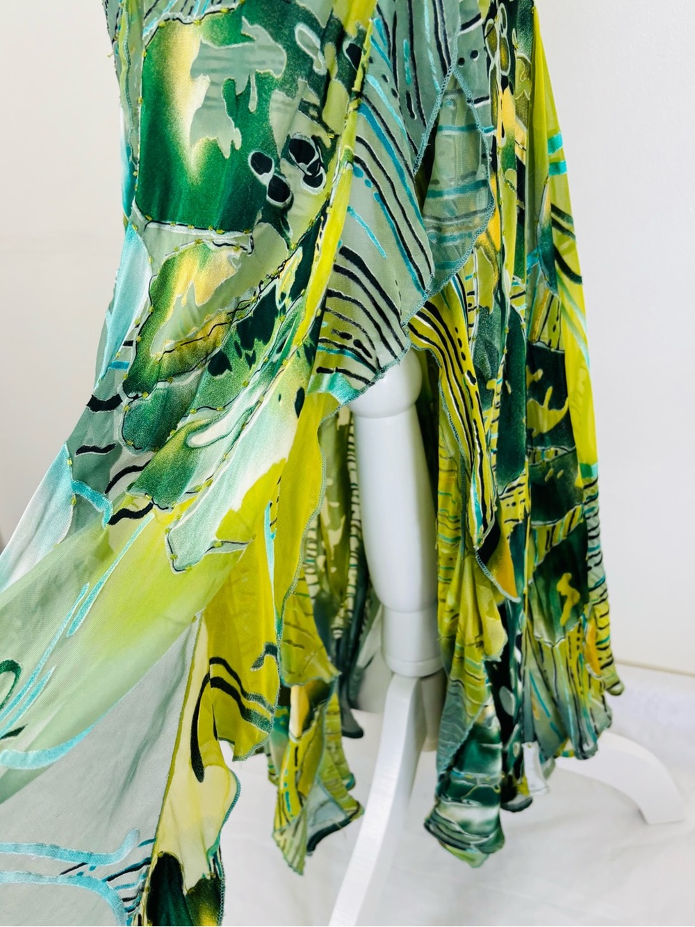 Vintage Artwear Silk Blend Burnout Velvet Beaded Halter Maxi Gown Green Abstract - Picture 9 of 14